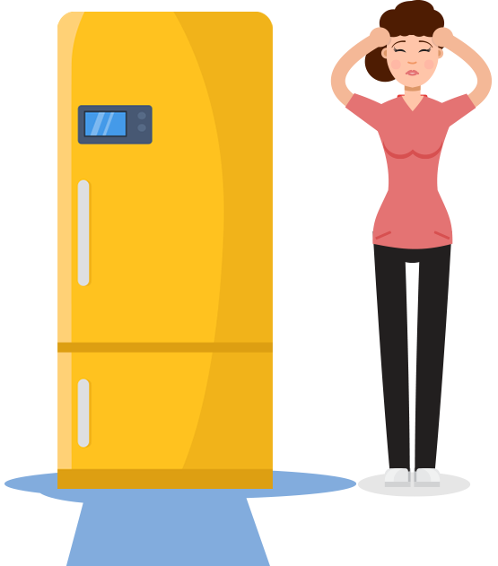 A broken yellow fridge leaking and a women